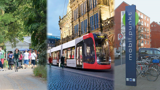 Foto: Collage mit Fußgängern, Straßenbahn, Fahrräder